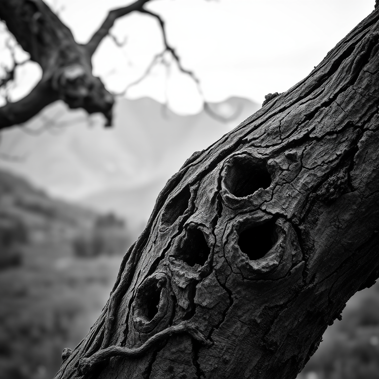 Capture a dramatic black and white image of a gnarled tree trunk with deep holes in the bark, featuring a blurred mountain range in the background, using a DSLR camera with a 50mm f/1.8 lens at ISO 200, aperture f/8, and a shutter speed of 1/125s for enhanced depth of field and detail.