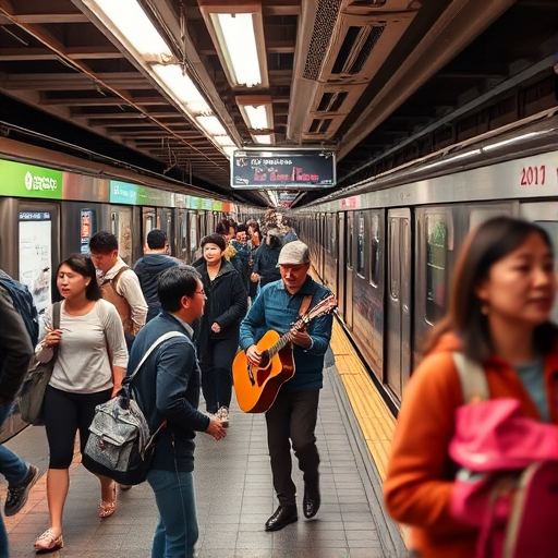Busy subway station during rush hour, commuters rushing past, with advertisements lining the walls, a musician playing a cheerful tune on a corner, and the sound of trains approaching in the background.