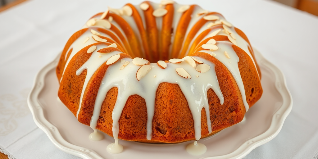 Create an image of a delicious bundt cake topped with a creamy white glaze and sprinkled with sliced almonds, placed on an elegant white plate with a decorative edge, set against a softly patterned tablecloth. The cake should have a golden brown color and a rich texture, with the glaze dripping slightly down the sides.