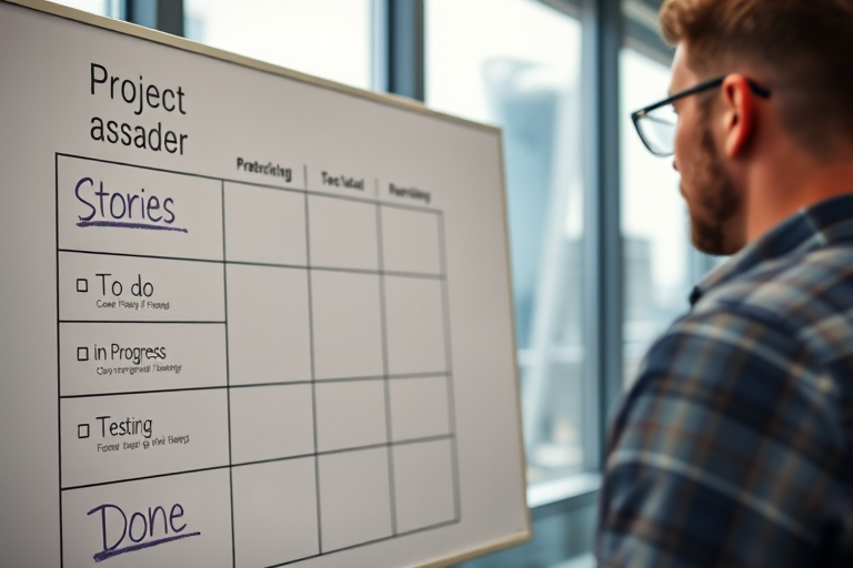 Create a high-resolution image of a man looking at a project management board with columns labeled "Stories," "To Do," "In Progress," "Testing," and "Done," using a DSLR camera with a focal length of 50mm, aperture set to f/2.8, ISO 200, shot from a low angle view in a modern office setting with a blurred cityscape background for depth of field.