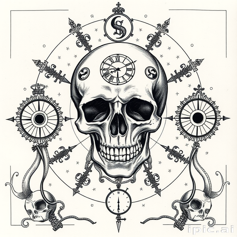 Etching-style tattoo called "Memento Mori" featuring a detailed skull surrounded by symbols of mortality and the passage of time, rendered entirely in fine black lines to mimic engraved illustrations