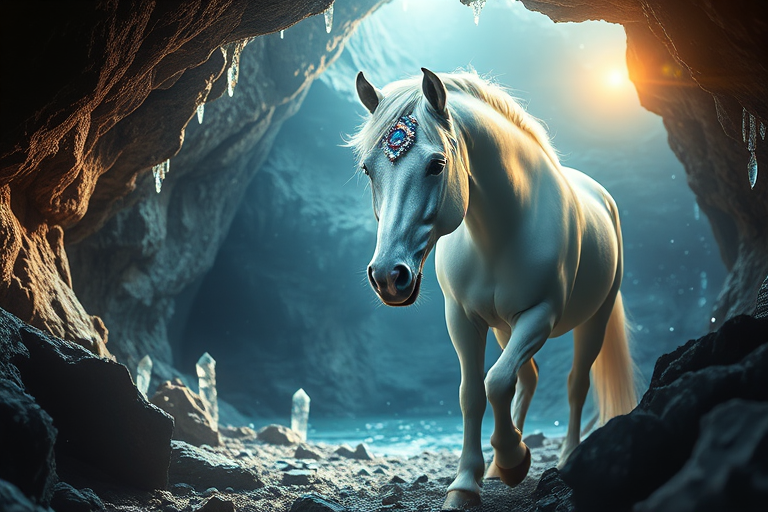 Create a high-resolution fantasy landscape featuring a majestic white horse adorned with gemstones, set in a mystical cave with sparkling crystals and soft light filtering through, captured with a DSLR camera at f/2.8, ISO 100, with a 50mm lens and a slight tilt-shift effect to enhance depth of field.