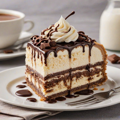 Create an image of a slice of layered dessert on a white plate. The dessert should have a creamy topping, chocolate drizzle, and decorative swirls. Include a fork beside the plate, and ensure the background is simple and light to highlight the dessert.