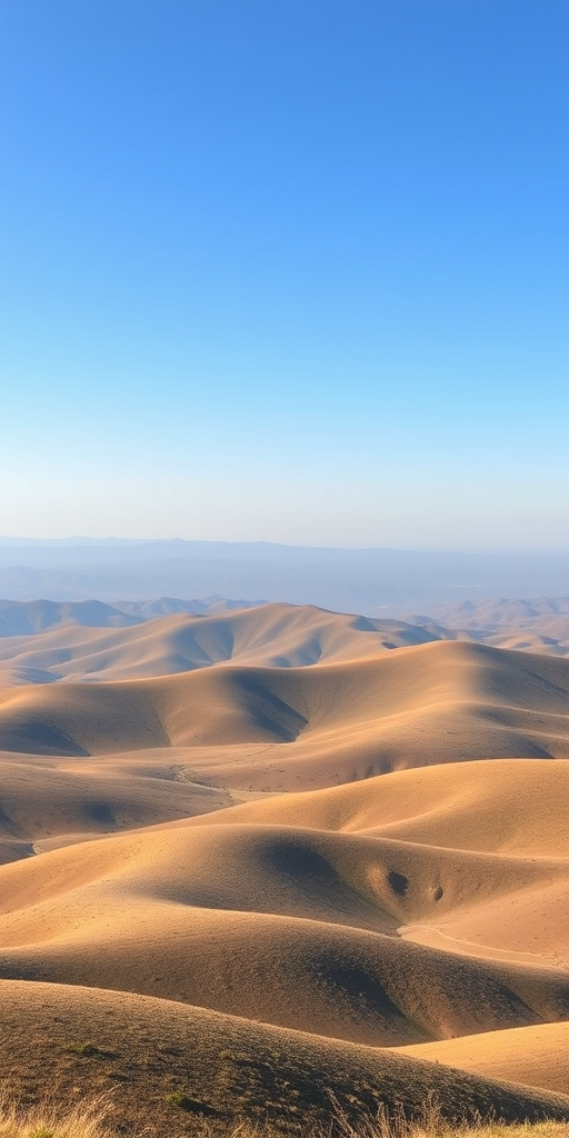 A serene landscape featuring rolling hills under a clear blue sky, shot with a DSLR camera at f/8 aperture, ISO 100, a 35mm lens, with a wide-angle view to capture expansive scenery, in vibrant colors and high resolution.