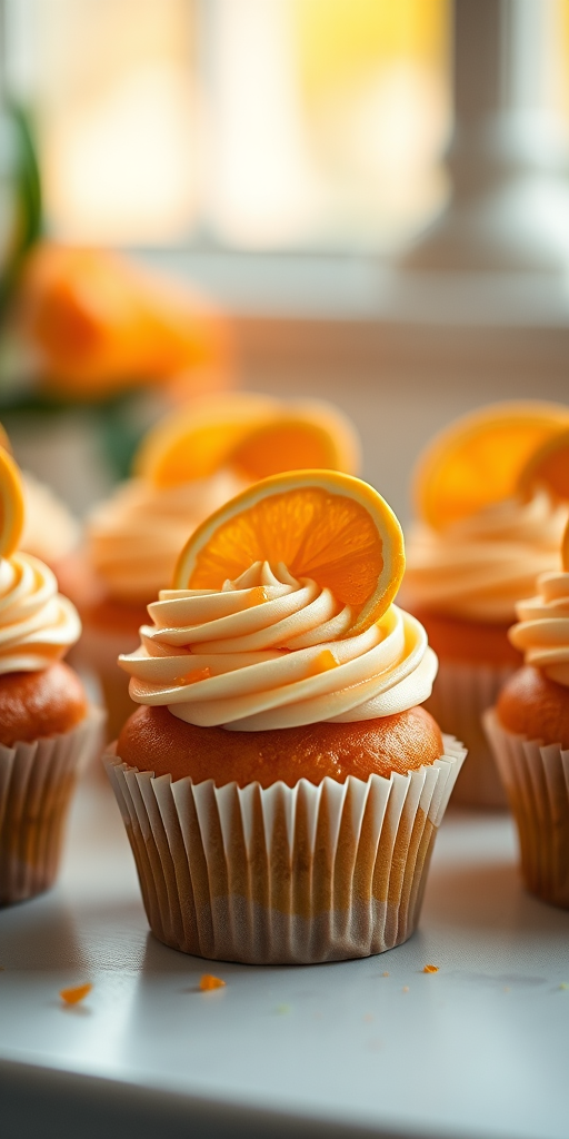 capture a close-up of beautifully decorated cupcakes with orange garnishes in soft natural light using a Canon EOS R5, 50mm f/1.2 lens, ISO 100, aperture f/2.8, and a shallow depth of field for a dreamy background effect
