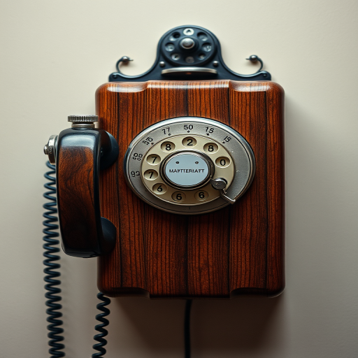 Regenerate an image of a vintage rotary phone mounted on a wall, with detailed wood grain and shiny metallic parts, captured with a Canon EOS 5D Mark IV, 50mm f/1.8 lens, settings: ISO 100, aperture f/2.8, shutter speed 1/60s, overhead view, sharp focus, and high dynamic range for enhanced image quality.
