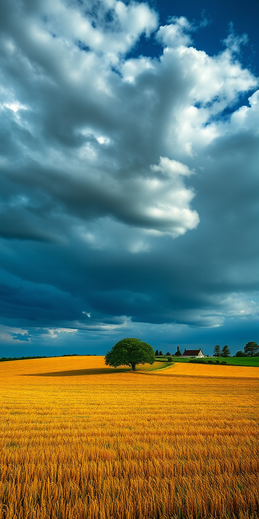 a vast agricultural field under a dramatic sky with scattered clouds, featuring a lone tree and distant farmhouse, captured with a Canon EOS 5D Mark IV, 24mm lens, aperture f/11, ISO 100, using a wide-angle view and HDR photography style for enhanced detail and color richness