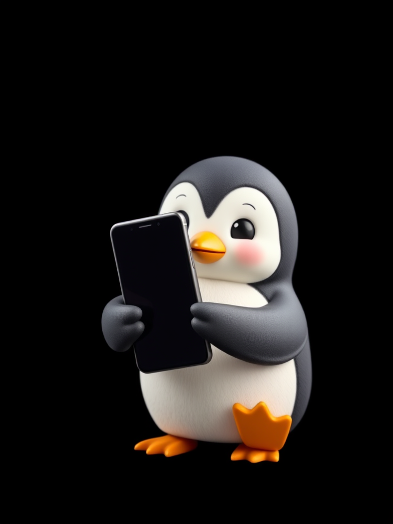Create a cute cartoon penguin character holding a smartphone, with a black background, using a DSLR camera, aperture f/2.8, ISO 100, 50mm lens, in daylight to enhance color vibrancy and sharpness.