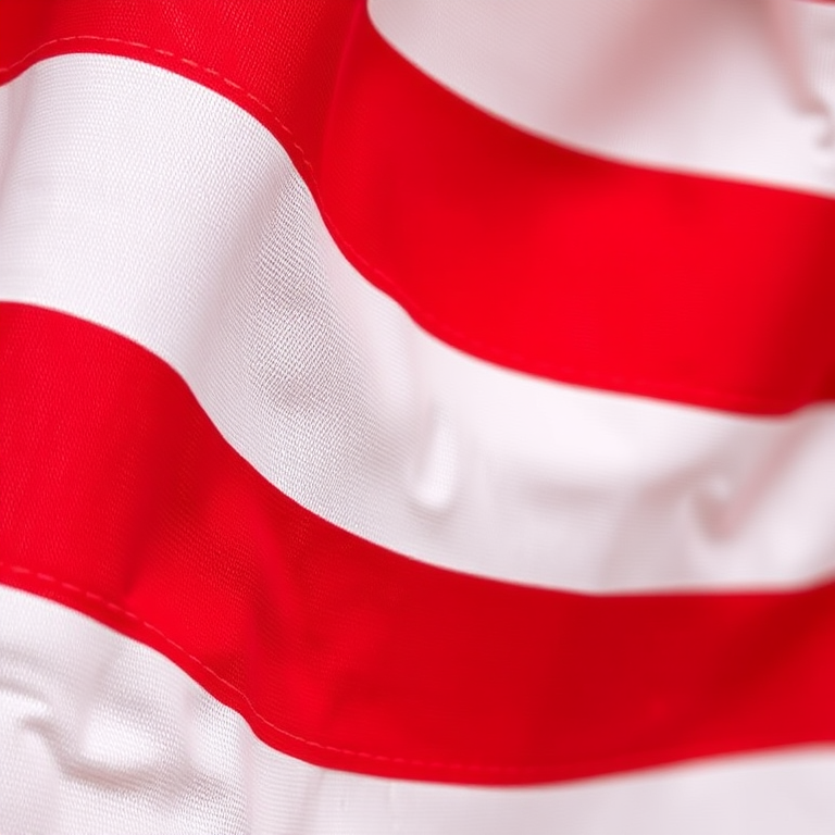 Capture a close-up of a textured flag with red and white stripes using a DSLR camera, 50mm lens, aperture f/2.8, ISO 100, natural light to enhance fabric details and colors.