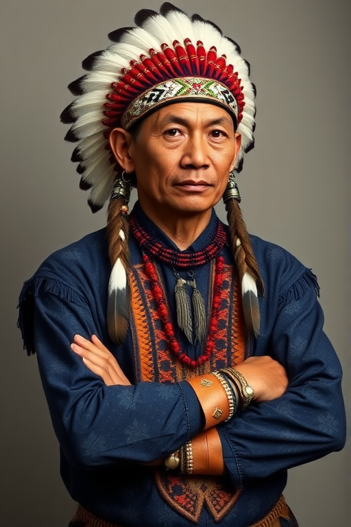 Create a dignified portrait of a Native American man dressed in traditional attire. He wears a beautifully crafted headdress adorned with white feathers and red beads, along with a beaded headband featuring intricate patterns. His clothing includes a deep blue, patterned shirt and a traditional chest piece with detailed beadwork. His arms are crossed, displaying leather armbands decorated with feathers. The background is simple and neutral, emphasizing his proud and stoic expression. The overall image captures the rich cultural heritage and strength of his persona.