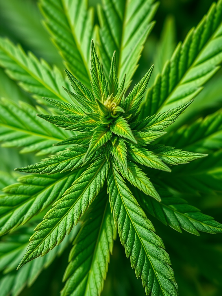 Create a high-resolution image of a stylized green cannabis leaf with intricate textures, shot with a DSLR camera in macro mode at f/2.8, ISO 200, and a shutter speed of 1/100 sec, in natural lighting to enhance color vibrancy and detail.