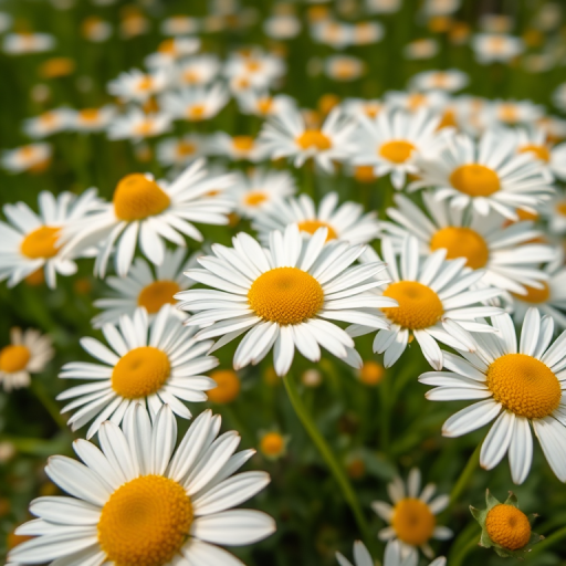 A close-up shot of a vibrant field of daisies with white petals and yellow centers, taken with a DSLR camera using a 50mm lens at f/2.8, ISO 100, and a shutter speed of 1/200s, with soft natural lighting and a shallow depth of field for a blurred background.