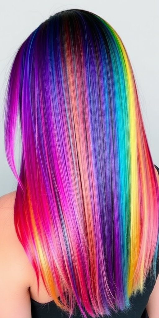 Mesmerizing rainbow hair in the "Prism Power" design showcases a seamless blend of vibrant hues in a sleek, straight style