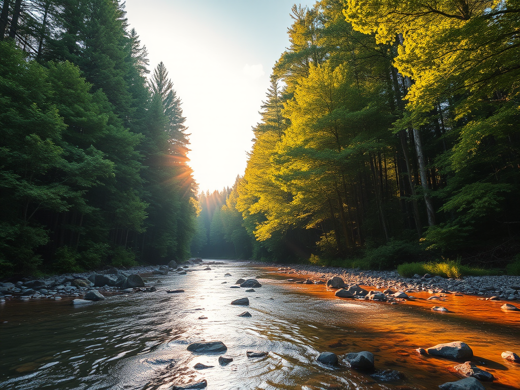 Create an image of a serene, sunlit forest scene with a clear, gently flowing river. Tall trees with lush green foliage line both sides of the river, their leaves bathed in the warm golden light of the setting or rising sun. The sunlight filters through the trees, casting soft, dappled light on the river, which flows over smooth rocks and pebbles, creating a peaceful, natural atmosphere. The sky is bright with a few scattered clouds, and the overall mood is tranquil, evoking a deep sense of connection with nature. The image captures the beauty of a calm, pristine forest landscape at either dawn or dusk.