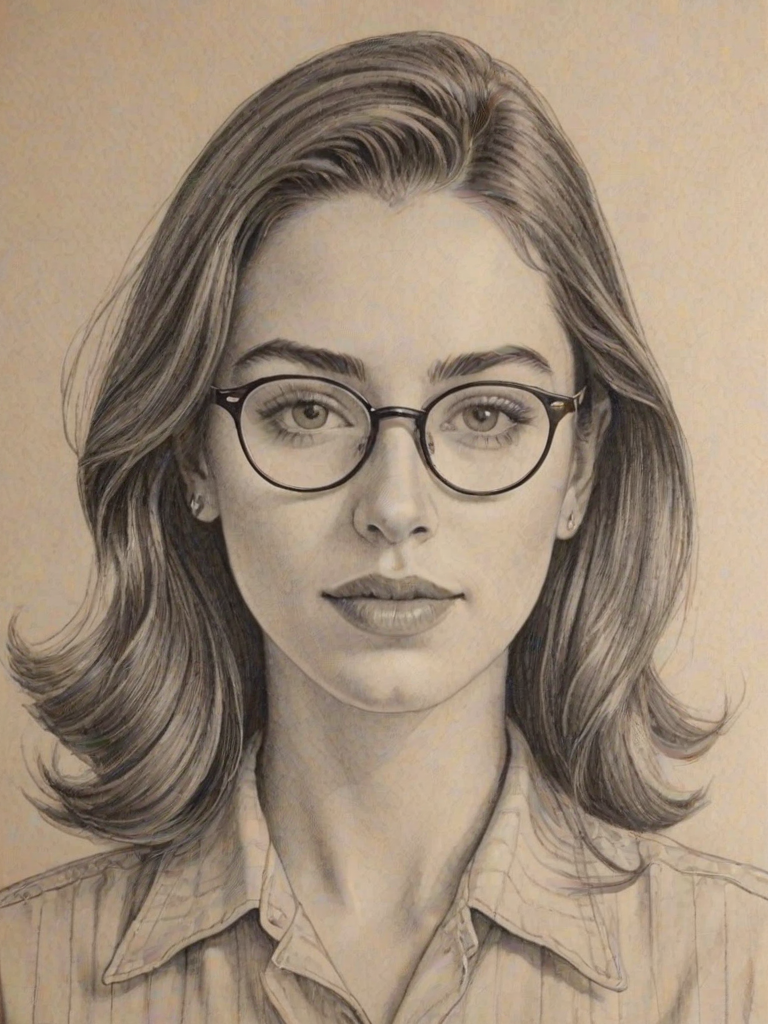 Stunning Alana Haim, pencil sketch, portrait of Charming woman 1947s in glasses, hair style beatnik, outline, clear lines, fine lines, 8k