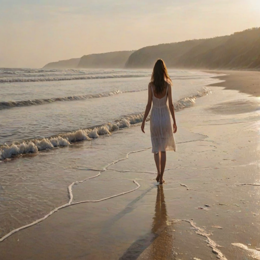 Deserted beach at sunrise, waves gently lapping against the shore, a woman in a light summer dress walks along the water's edge, her bare feet leaving faint impressions in the wet sand.