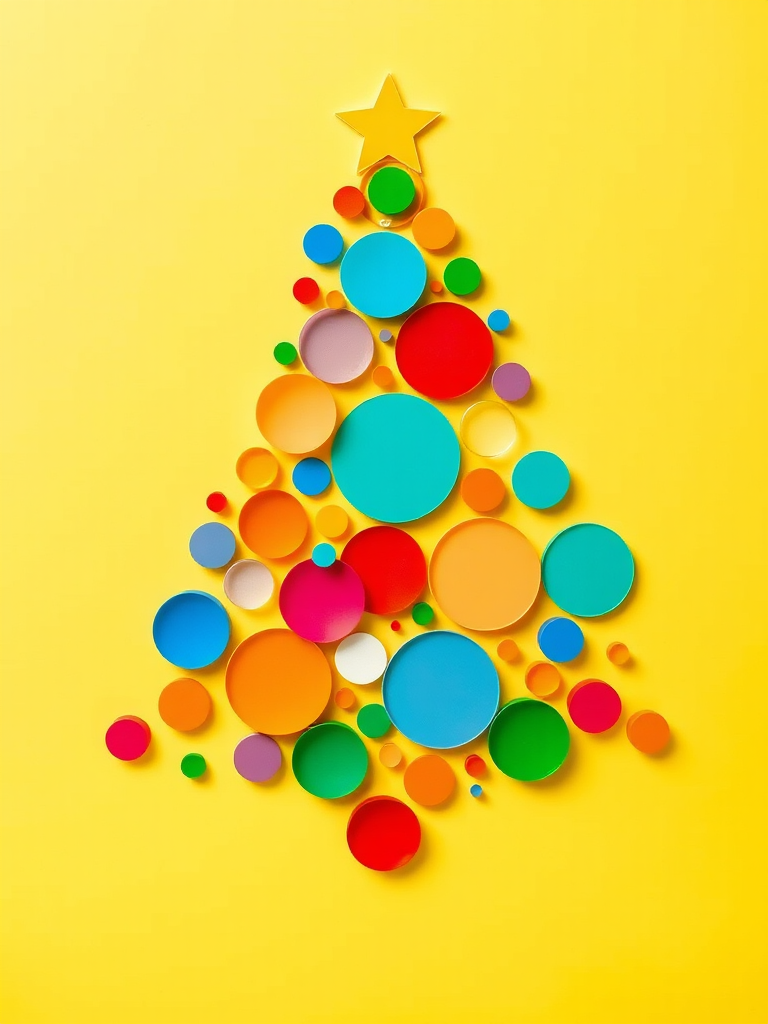 Create a colorful abstract Christmas tree composed of circles of various sizes and colors on a bright background, shot with a DSLR camera at f/8 aperture, ISO 100, with a 50mm lens, in a top-down view to enhance detail and clarity.
