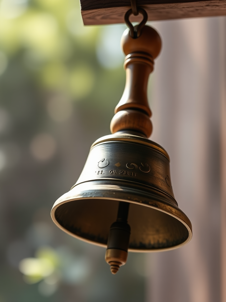 Create a high-resolution illustration of a bell with a wooden handle, shot in natural lighting, using a Canon EOS 5D Mark IV, f/8 aperture, ISO 100, 50mm lens, and a shallow depth of field to enhance focus on the bell.