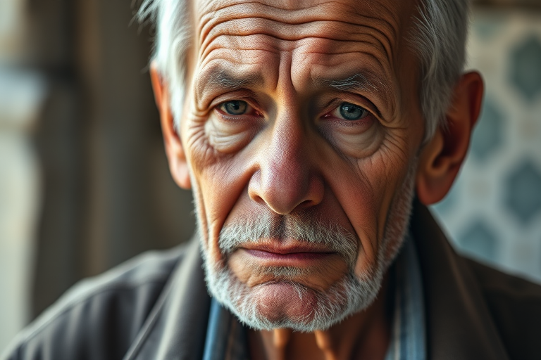 Portrait of an elderly man with deep, expressive features and weathered skin, captured in natural light with a shallow depth of field, 50mm lens, f/1.8 aperture, ISO 200, 1/200s shutter speed, using a DSLR camera for enhanced detail and richness in colors.