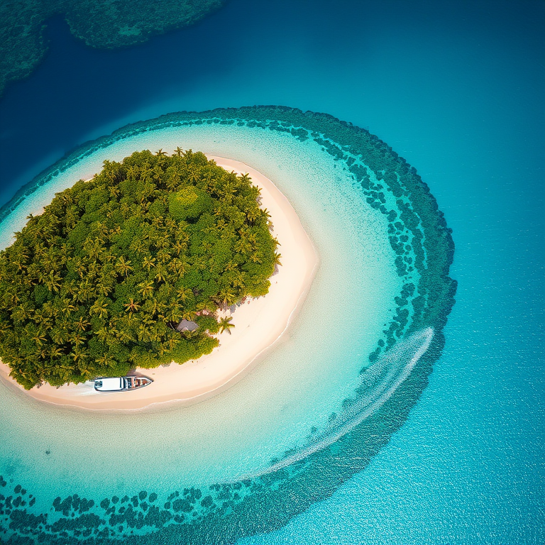 regenerate an aerial view of a tropical island with lush green foliage and a sandy beach, showcasing a boat speeding through the clear blue water, using a DSLR camera with a 24mm lens, aperture f/8, ISO 100, shutter speed 1/250s, in bright daylight for enhanced clarity and vibrancy.