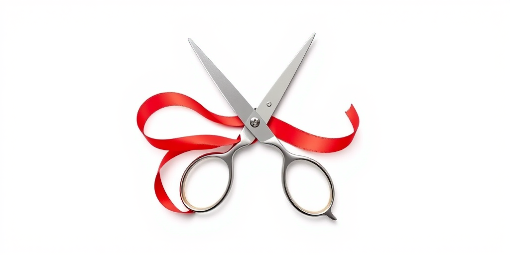 Create a high-resolution vector illustration of a pair of scissors entwined with a ribbon, using a Canon EOS 5D Mark IV, f/8 aperture, ISO 100, 50mm lens, with a clean white background and a balanced lighting setup.