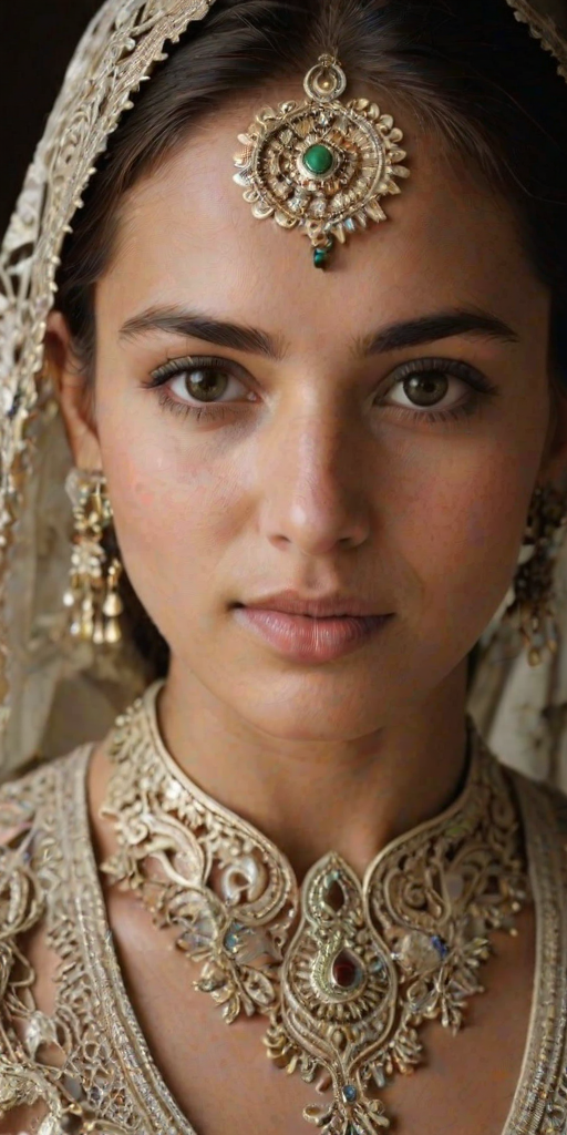 Face, shoulders, chest covered in openwork Pakistani embroidery. Raw, unedited image.
