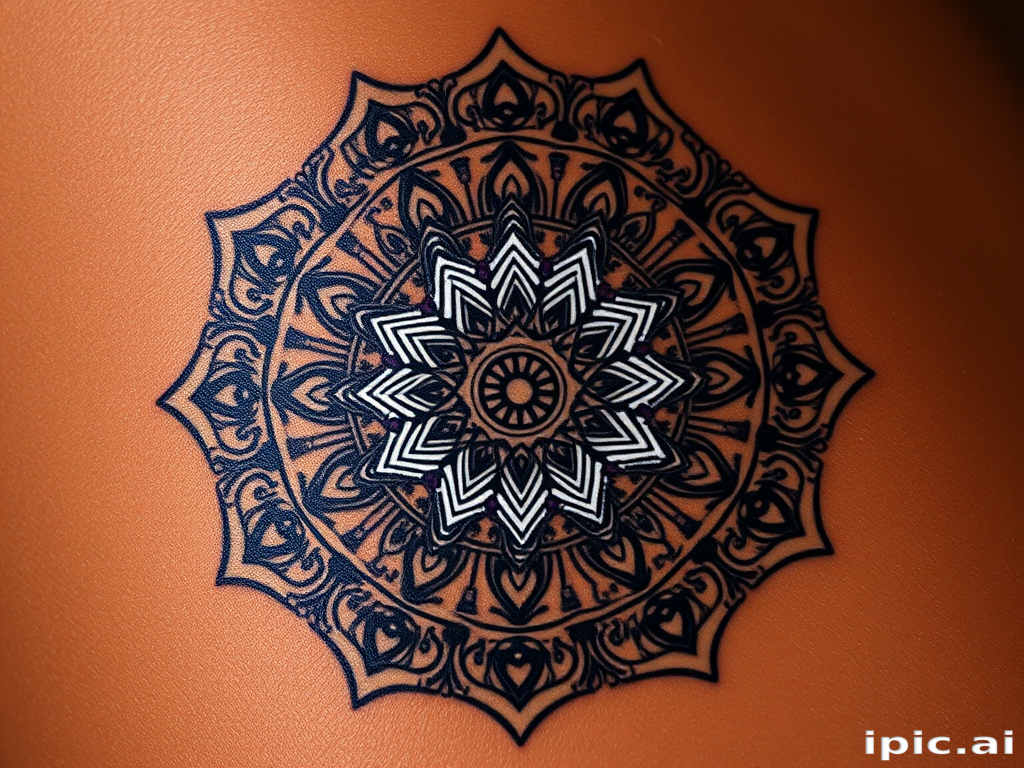 Mesmerizing mandala tattoo with intricate geometric patterns and sacred symbols, adorned with dotwork shading and white ink highlights, creating a mesmerizing three-dimensional effect on dark skin