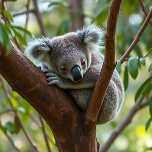 Create a high-resolution image of a koala resting on a tree branch in a natural habitat, captured with a DSLR camera, 50mm lens, aperture f/1.8, shutter speed 1/200s, ISO 200, with a shallow depth of field to focus on the koala and blur the background.