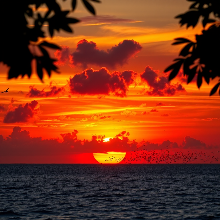 sunset over a calm ocean with vibrant orange and red hues, dramatic clouds illuminated by the setting sun, silhouetted leaves framing the top corners, large flock of birds flying in the distance, shot using a DSLR camera, aperture f/11, shutter speed 1/200s, ISO 100, focal length 24mm, wide-angle view