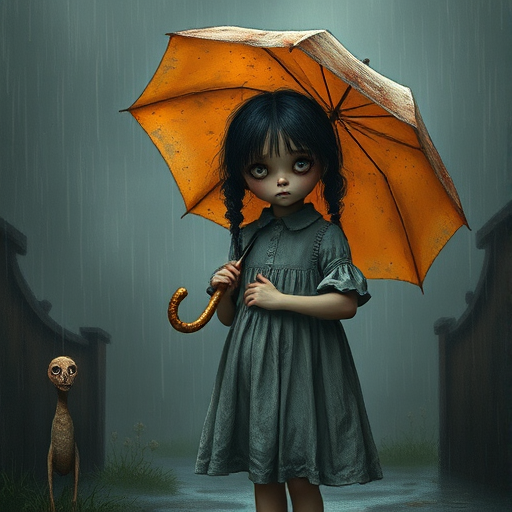 An eerie, weird little girl with dark hair in thin pigtails, wearing a smock dress, standing in the rain, holding a dirty orange umbrella, a small, odd creature beside her. In a surreal style inspired by Nicoletta Ceccoli and Brian Froud. Dark fantasy themes