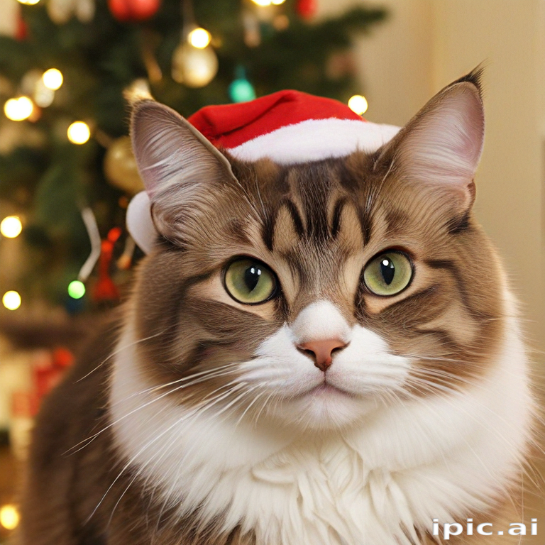 Adorable Cat Dressed in Santa Hat Against a Festive Christmas Tree ...
