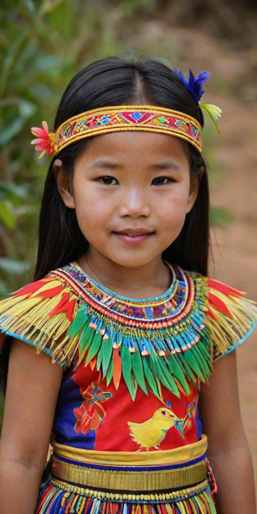 A beautiful Lao girl, wearing colorful bird clothing with vibrant colors