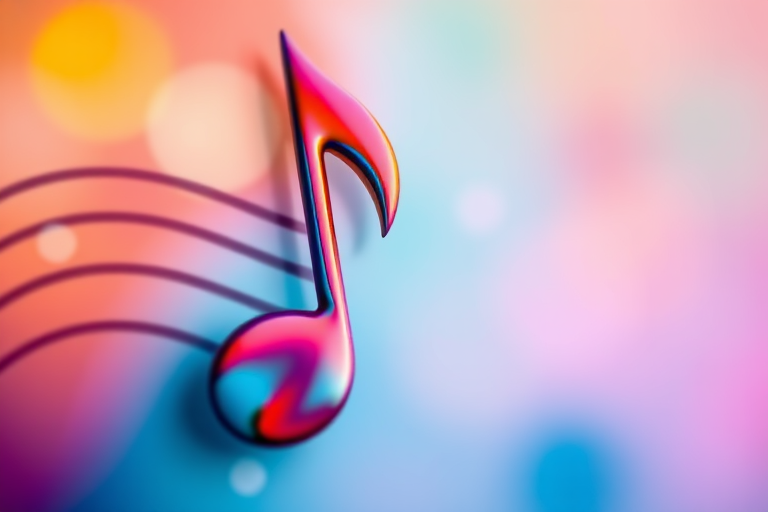 Create an abstract representation of a musical note with vibrant colors and smooth gradients, captured using a DSLR camera at f/2.8, ISO 100, 1/200s, with a macro lens for sharp detail and a blurred background for emphasis.