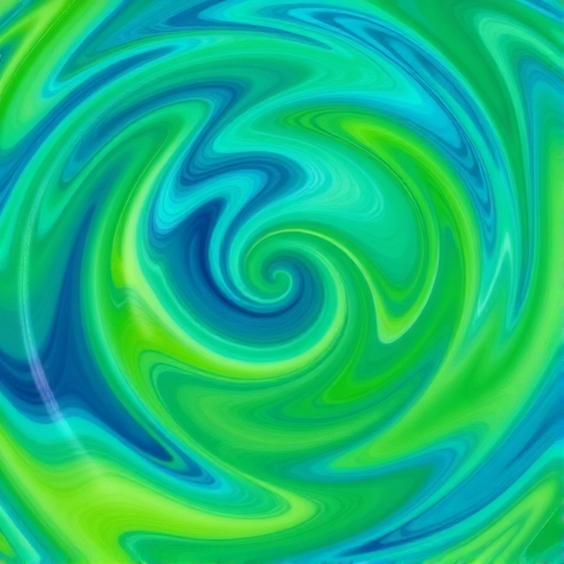 Create a vibrant swirling pattern with alternating shades of green and blue, using a Canon EOS R, 50mm lens, aperture f/2.8, shutter speed 1/60s, ISO 100, in a top-down view with a smooth gradient effect.