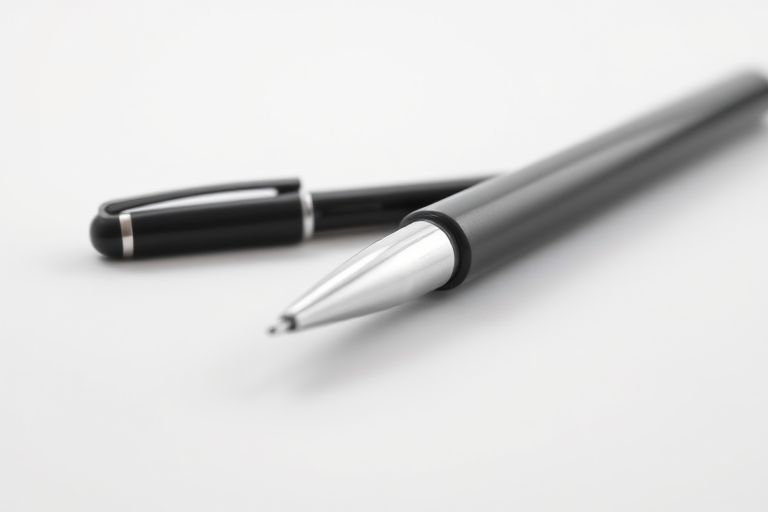 High-quality image of a black pen on a clean white background, captured with a DSLR camera, 50mm lens, f/2.8 aperture, ISO 100, low-angle view, soft lighting to enhance details and shadows.