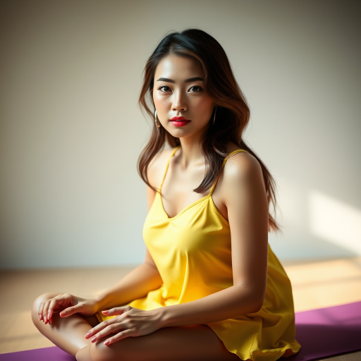 Resplendent photo of woman:Chinese:0.4, highlight hair, wearing Banana dress, sitting on Yoga mat, rim lighting, studio lighting, looking at the camera, dslr, ultra quality, sharp focus, tack sharp, dof, film grain, Fujifilm XT3, crystal clear, 8K UHD, highly detailed glossy eyes, high detailed skin, skin pores