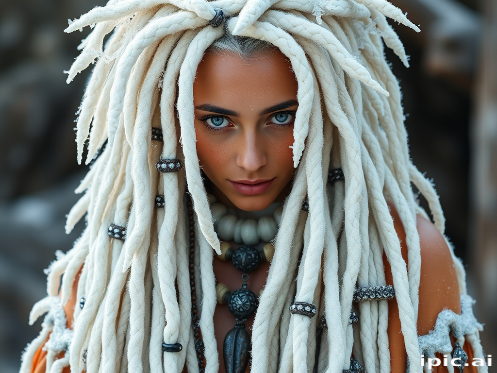 Icy white dreadlocks adorned with crystal beads and silver cuffs, radiating mystical energy and winter magic, aptly named Frost Shaman