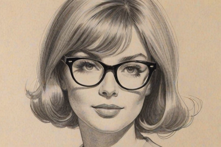 Graceful Dulc' Sloan, pencil sketch, portrait of Radiant woman 1962s in glasses, hair style beatnik, outline, clear lines, fine lines, 8k