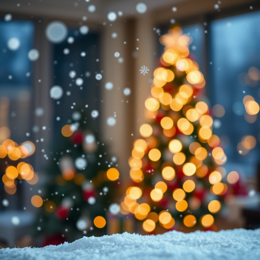 Create a serene winter scene with softly falling snowflakes, a blurred background featuring a decorated Christmas tree, and gentle bokeh lights. The foreground should have a snowy texture, creating a cozy holiday atmosphere.