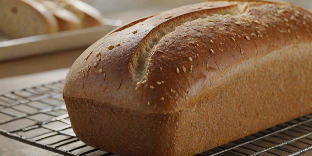 Close-up of a freshly baked loaf of bread cooling on a wire rack, soft natural light highlighting the crust and a butter dish waiting beside it.