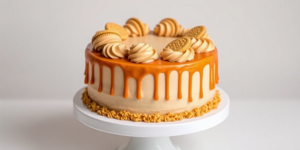 Create an image of a round cake with a smooth beige frosting topped with swirls of light brown buttercream and decorated with biscuit cookies arranged on top. The cake has a glossy caramel drizzle cascading down the sides and is surrounded by a base of crushed cookies. It is displayed on a white cake stand against a plain background.