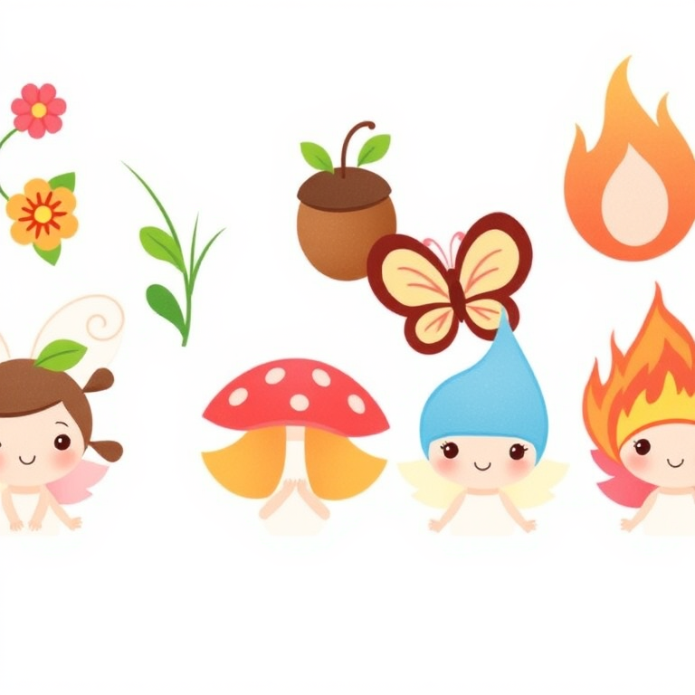 Create an illustration of cute, small fairies in a row with different themes. Include a fairy with a flower on its head, one with green leaves, an acorn, a red mushroom, a butterfly, a blue water-themed fairy, and a fairy with flames on its head. All fairies should have simple, round bodies and expressive eyes, with a soft, whimsical style. Use pastel colors for a gentle, enchanting effect.