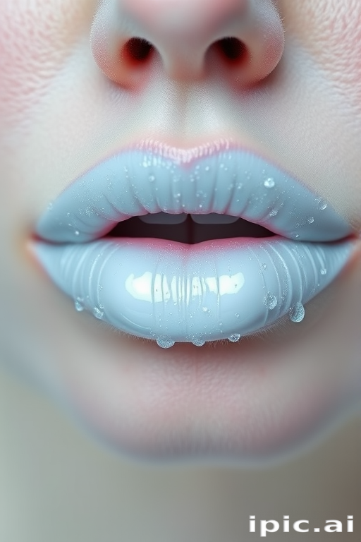 Icy white lips with a frosted pearl finish, titled "Arctic Frost," featuring a cooling effect and subtle blue undertones for a wintry look