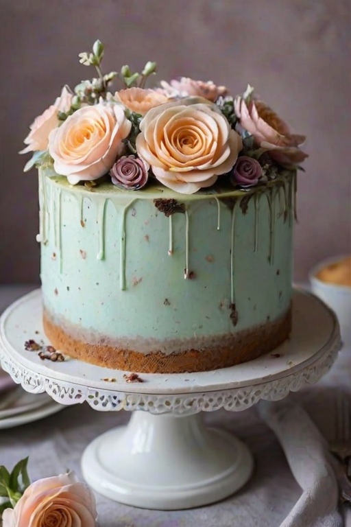 Generate an image of a multi-layered cake with a light frosting and decorative flowers on top. The cake should have a visible cross-section showing its moist interior, with a mix of colors and textures. The background should be simple and elegant, enhancing the cake's appearance.