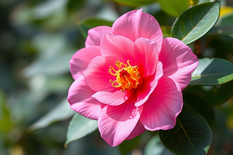 Create a high-resolution illustration of a pink camellia flower with detailed leaves against a soft blurred background, shot with a DSLR camera at f/2.8 aperture, 50mm lens, in natural light, capturing vibrant colors and fine textures.