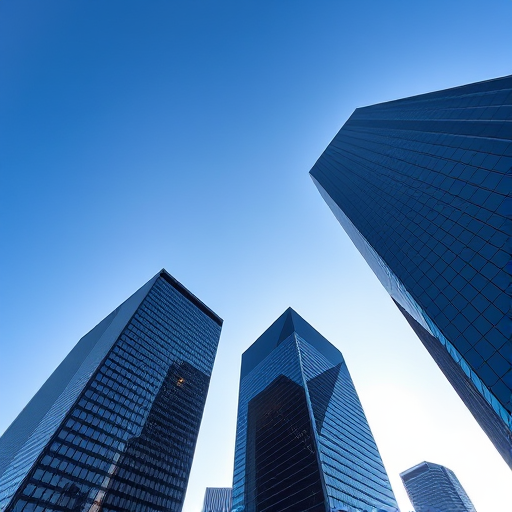 Generate a high-resolution image of modern skyscrapers with a glass facade under a clear blue sky, taken from a low angle using a DSLR camera at f/8, ISO 100, 24mm lens, and a wide-angle perspective for enhanced depth and clarity.
