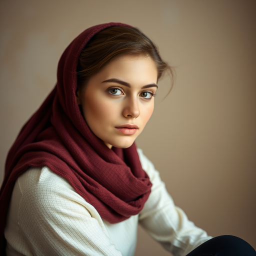 Regenerate the image of a young woman with a maroon scarf, seated in a soft, muted background, using a Canon EOS R5, 85mm f/1.2 lens, aperture set to f/2.8, ISO 200, natural light for soft shadows and highlights, with a painterly style and a focus on soft textures and warm tones.