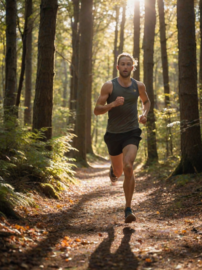 Blurry action shot of a runner sprinting through a forest trail, leaves kicking up behind them, sunlight filtering through the trees, intense focus on their face, shadows stretching across the path, the sound of rustling leaves and distant birds chirping.