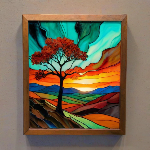 A vibrant abstract painting on Tiffany Glass, blending acrylic and alcohol ink techniques, captures a dramatic sunset over rolling hills. The artwork features a textured, rocky foreground in green and brown, layered abstract hills, and a striking sunset in rich oranges, yellows, and reds. A solitary black tree with intricate branches contrasts against the fiery sky, creating a dynamic and expressive portrayal of a breathtaking natural scene.