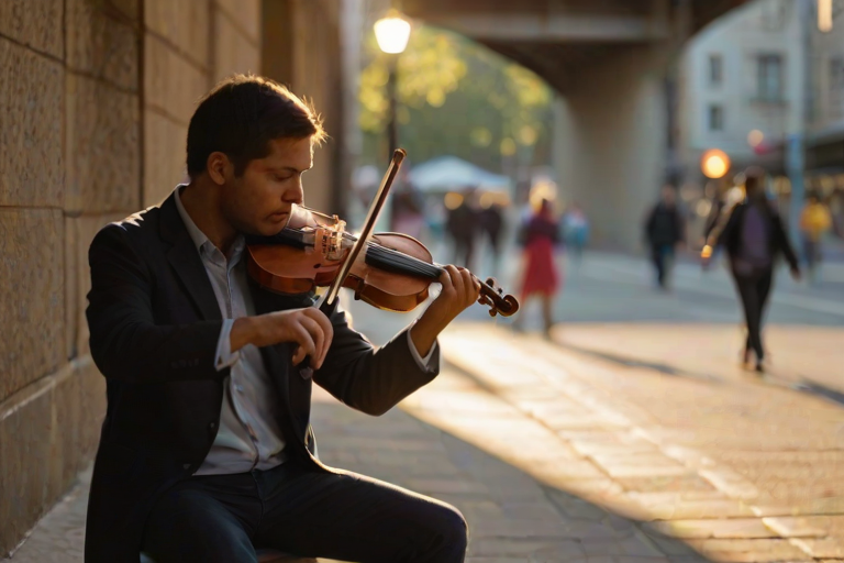 Blurry candid shot of a street musician playing a violin under a bridge, soft golden light from a nearby streetlamp casting long shadows, with distant pedestrians walking by and faint echoes of music in the air.